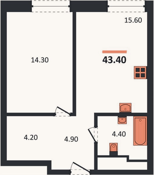 Планировка: 1-к, 43,4 м²