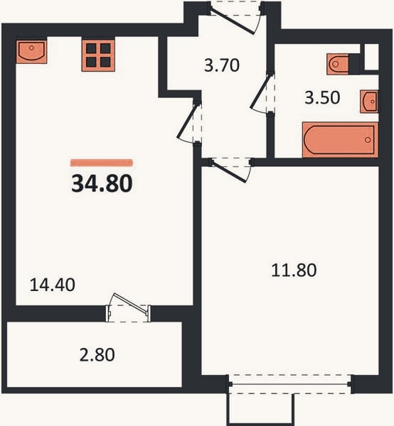 Планировка: 1-к, 34,8 м²