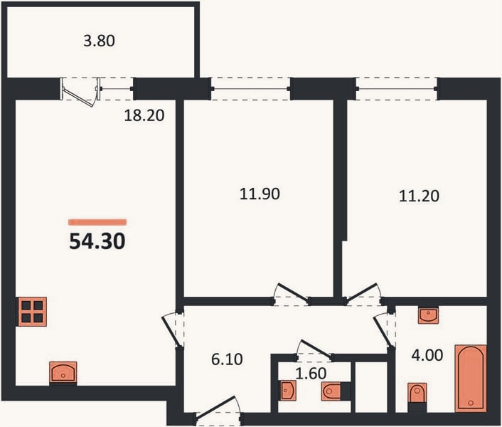 Планировка: 2-к, 54,3 м²