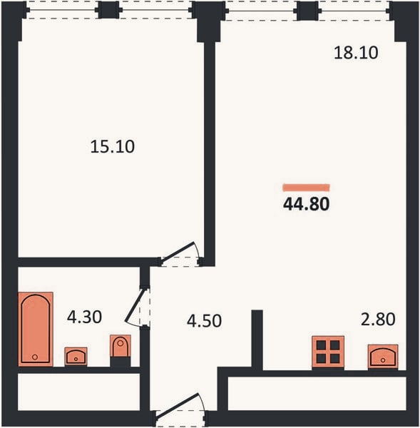Планировка: 1-к, 44,8 м²