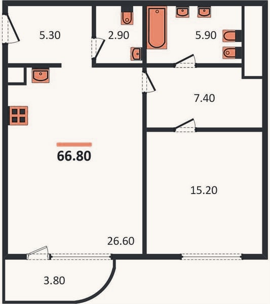Планировка: 1-к, 66,8 м²