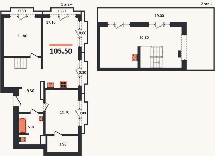 Планировка: 2-к, 105,5 м²
