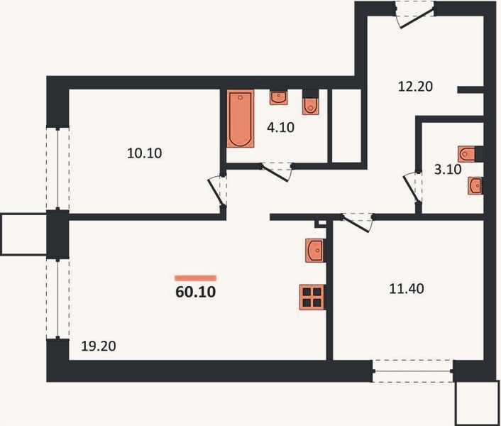 Планировка: 2-к, 60,1 м²