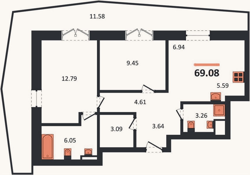 Планировка: 2-к, 69,1 м²