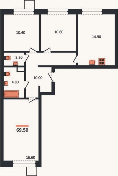 Планировка: 3-к, 69,5 м²