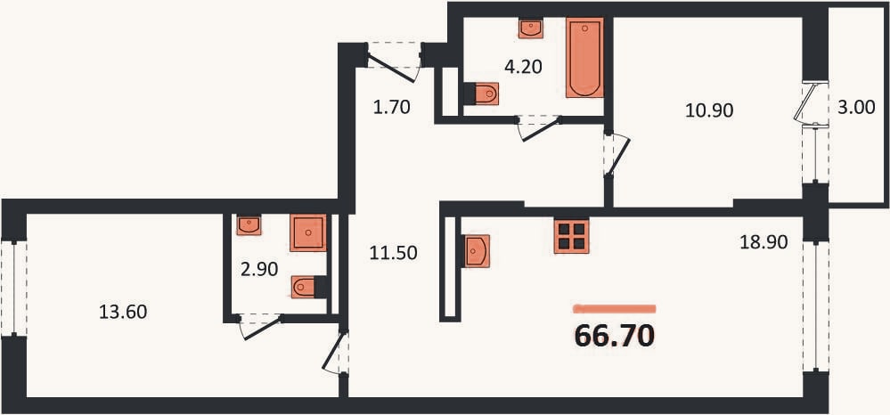 Планировка: 2-к, 66,7 м²