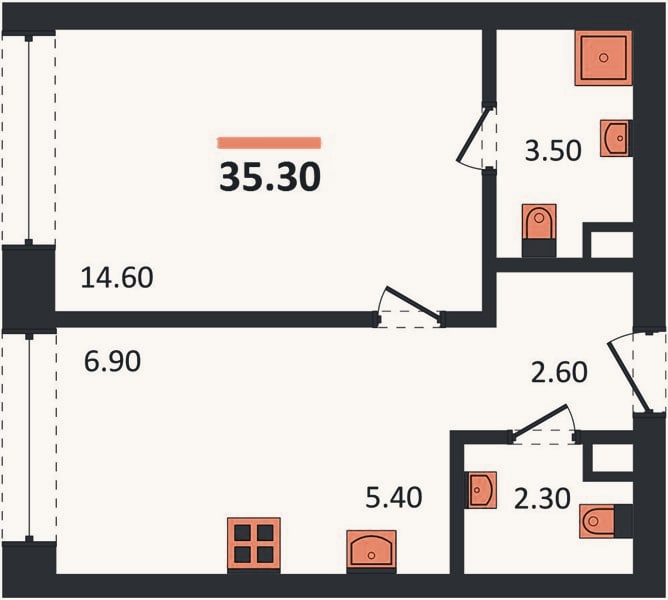 Планировка: 1-к, 35,3 м²