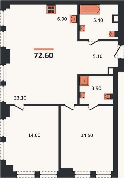 Планировка: 2-к, 72,6 м²
