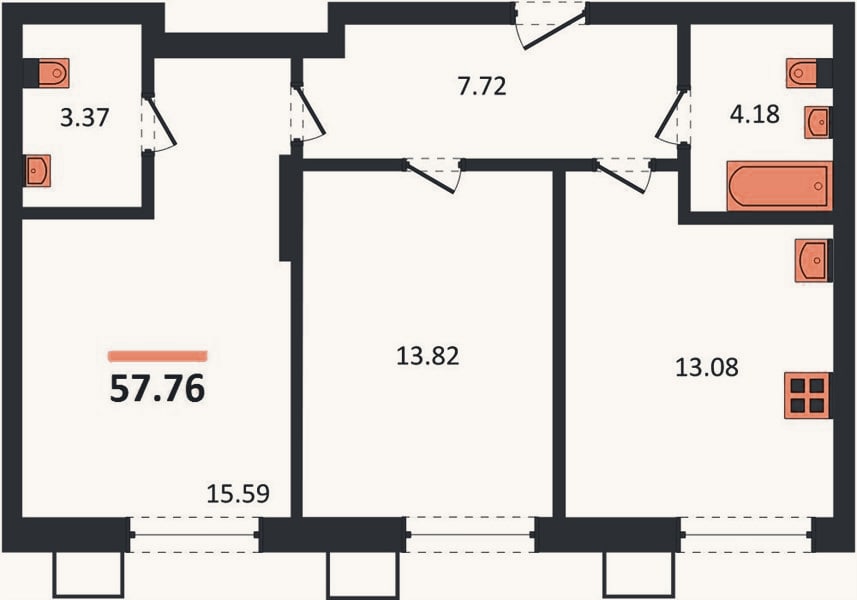 Планировка: 2-к, 57,8 м²