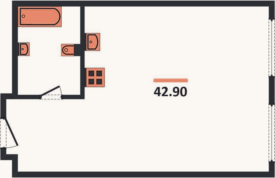 Планировка: 1-к, 42,9 м²