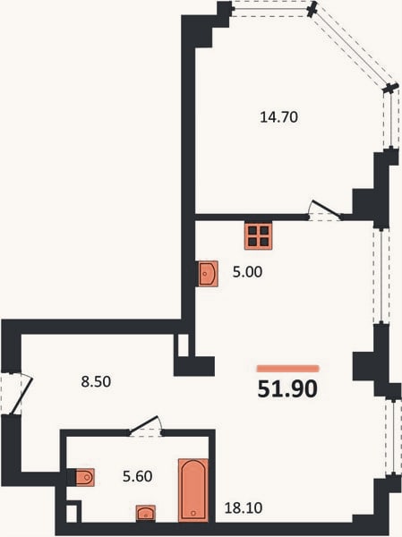 Планировка: 1-к, 51,9 м²