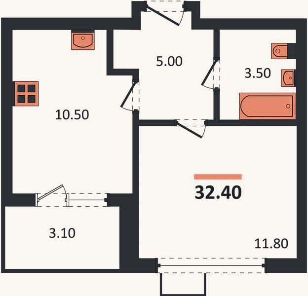 Планировка: 1-к, 32,4 м²