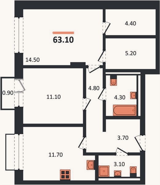 Планировка: 2-к, 63,1 м²