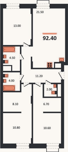 Планировка: 3-к, 92,4 м²