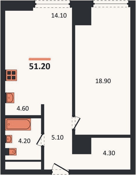 Планировка: 1-к, 51,2 м²