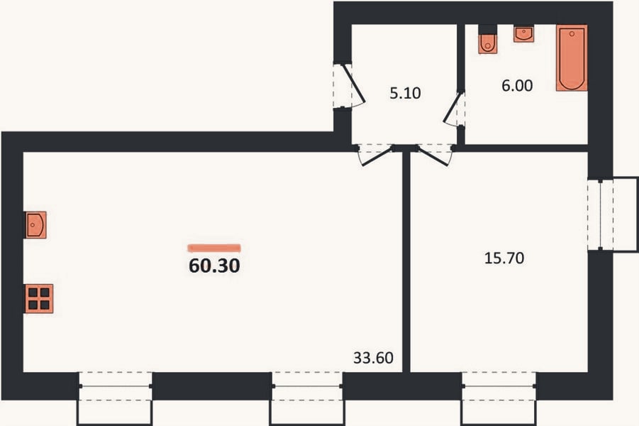 Планировка: 1-к, 60,3 м²