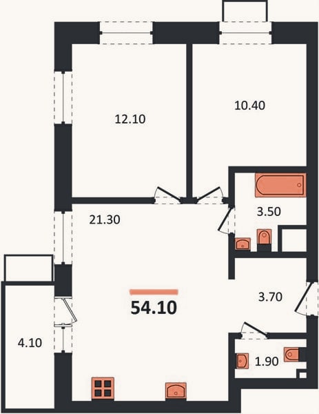Планировка: 2-к, 53,8 м²