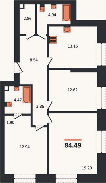 Планировка: 3-к, 84,5 м²