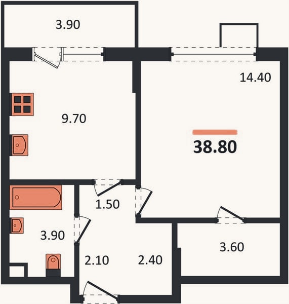 Планировка: 1-к, 38,8 м²