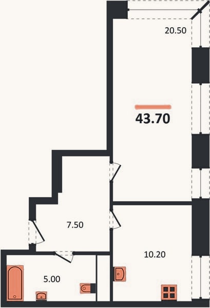 Планировка: 1-к, 43,7 м²