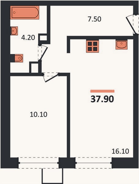 Планировка: 1-к, 37,9 м²