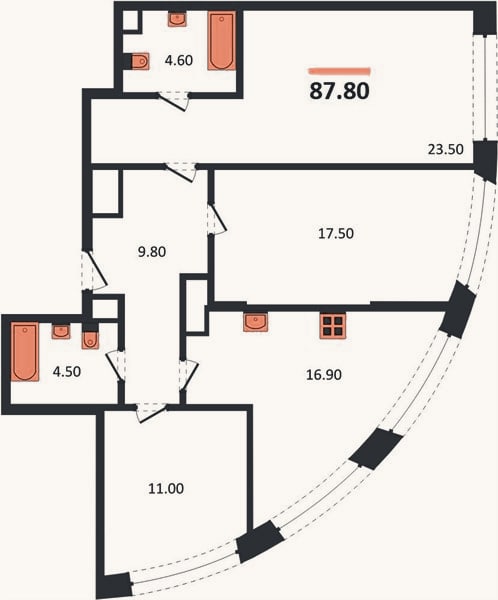 Планировка: 3-к, 87,8 м²