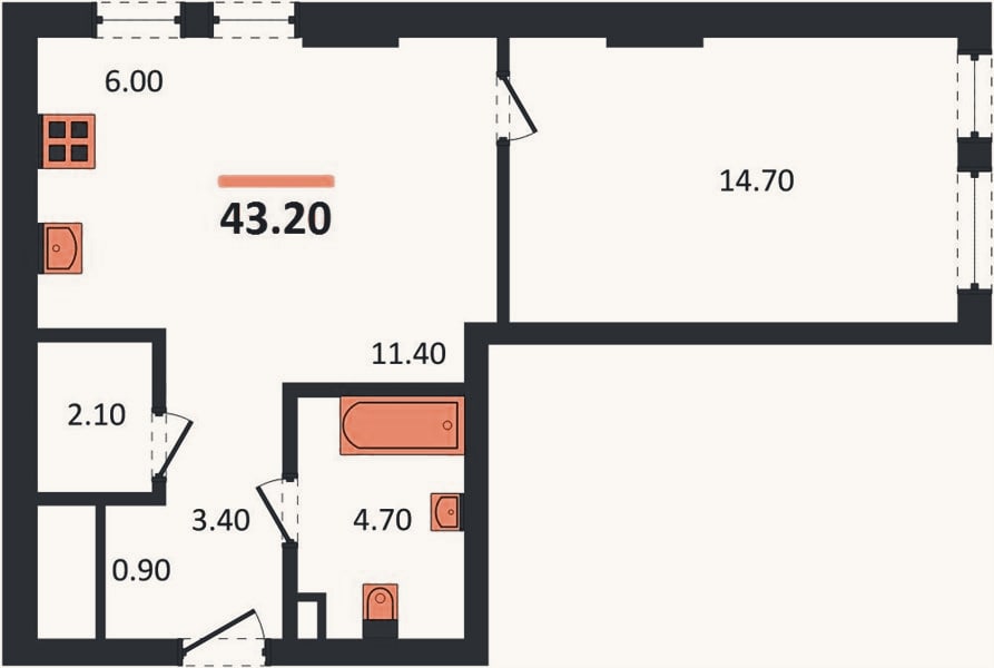 Планировка: 1-к, 43,2 м²