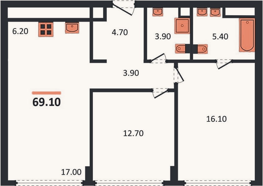 Планировка: 2-к, 69,1 м²