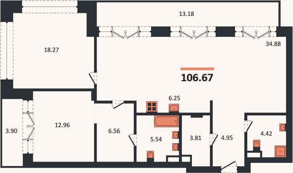 Планировка: 2-к, 106,7 м²