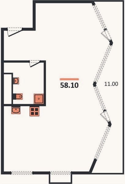 Планировка: Студия, 58,1 м²