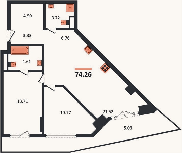Планировка: 2-к, 74,3 м²