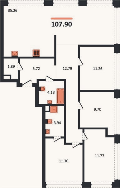 Планировка: 4+ к, 107,9 м²