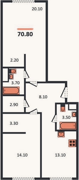Планировка: 2-к, 70,6 м²