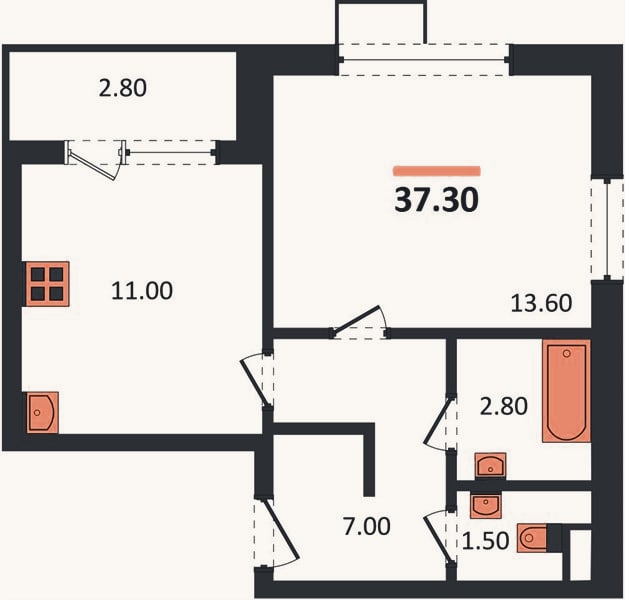 Планировка: 1-к, 37,3 м²