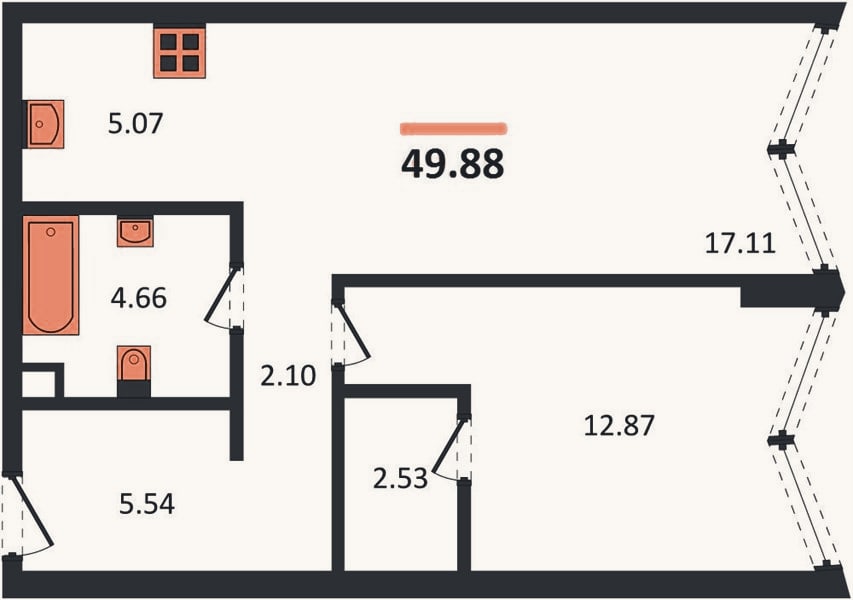 Планировка: 1-к, 49,9 м²