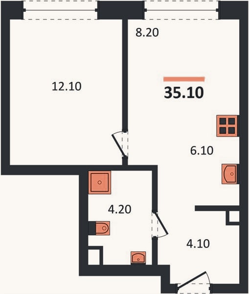 Планировка: 1-к, 35,1 м²