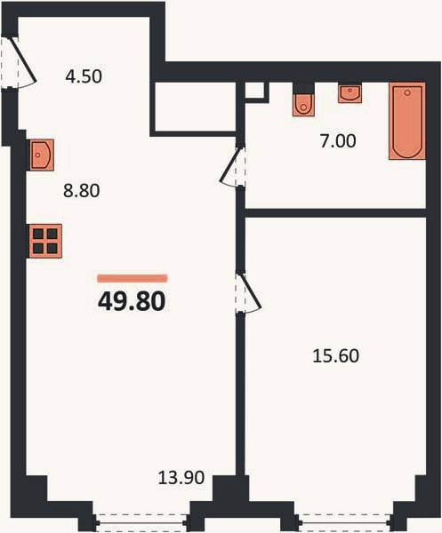 Планировка: 1-к, 49,8 м²