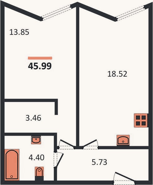 Планировка: 1-к, 46 м²