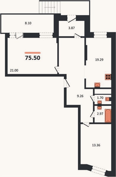 Планировка: 2-к, 75,5 м²
