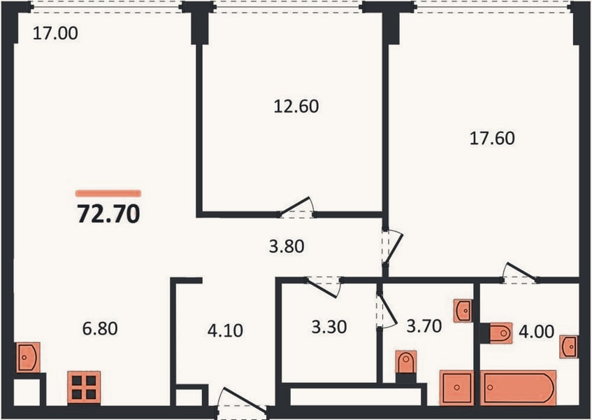 Планировка: 2-к, 72,7 м²