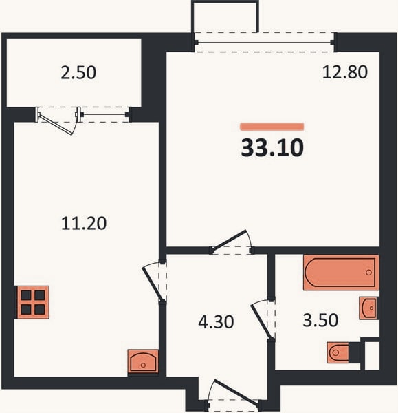 Планировка: 1-к, 33,1 м²