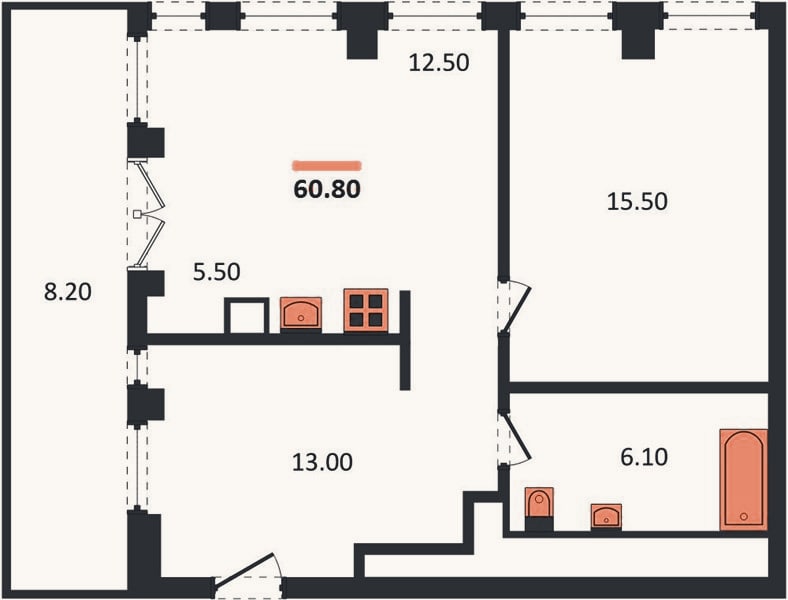 Планировка: 1-к, 60,8 м²