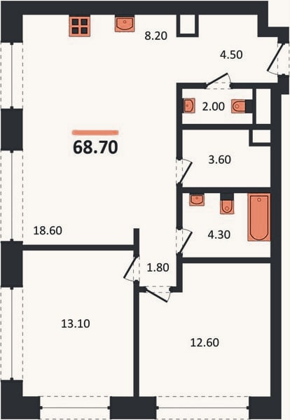 Планировка: 2-к, 68,7 м²