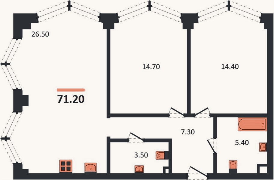 Планировка: 2-к, 71,2 м²