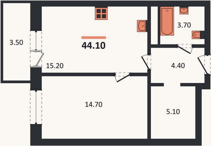 Планировка: 1-к, 43,7 м²
