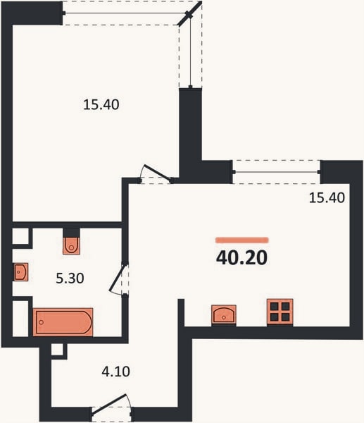 Планировка: 1-к, 40,2 м²