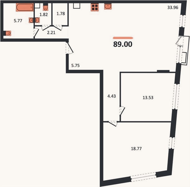 Планировка: 2-к, 89 м²