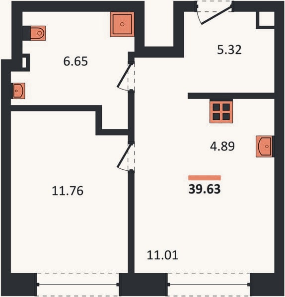 Планировка: 1-к, 39,6 м²