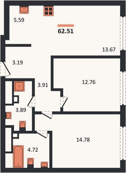 Планировка: 2-к, 62,5 м²
