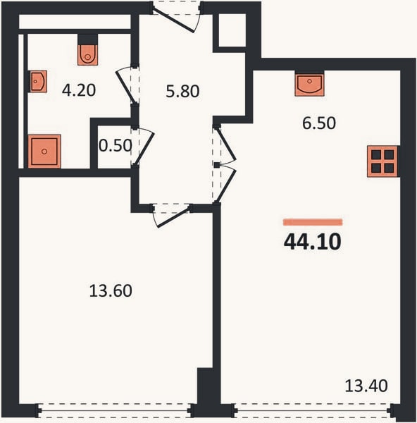 Планировка: 1-к, 44,1 м²